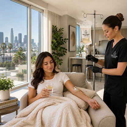 Nurse setting up an IV drip for a woman relaxing in a Los Angeles apartment