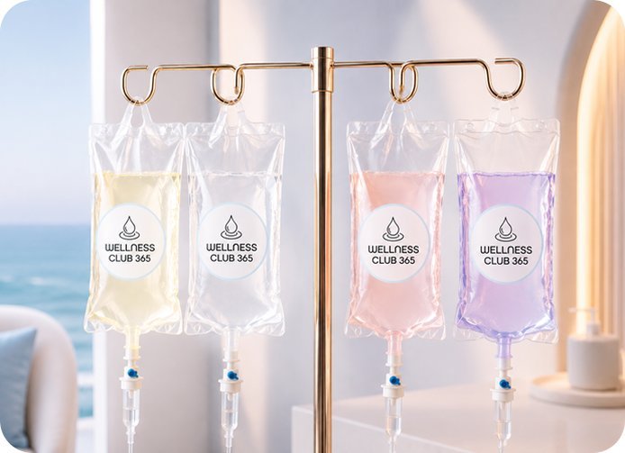 Wellness Club 365 IV bags hanging on a stand by the ocean