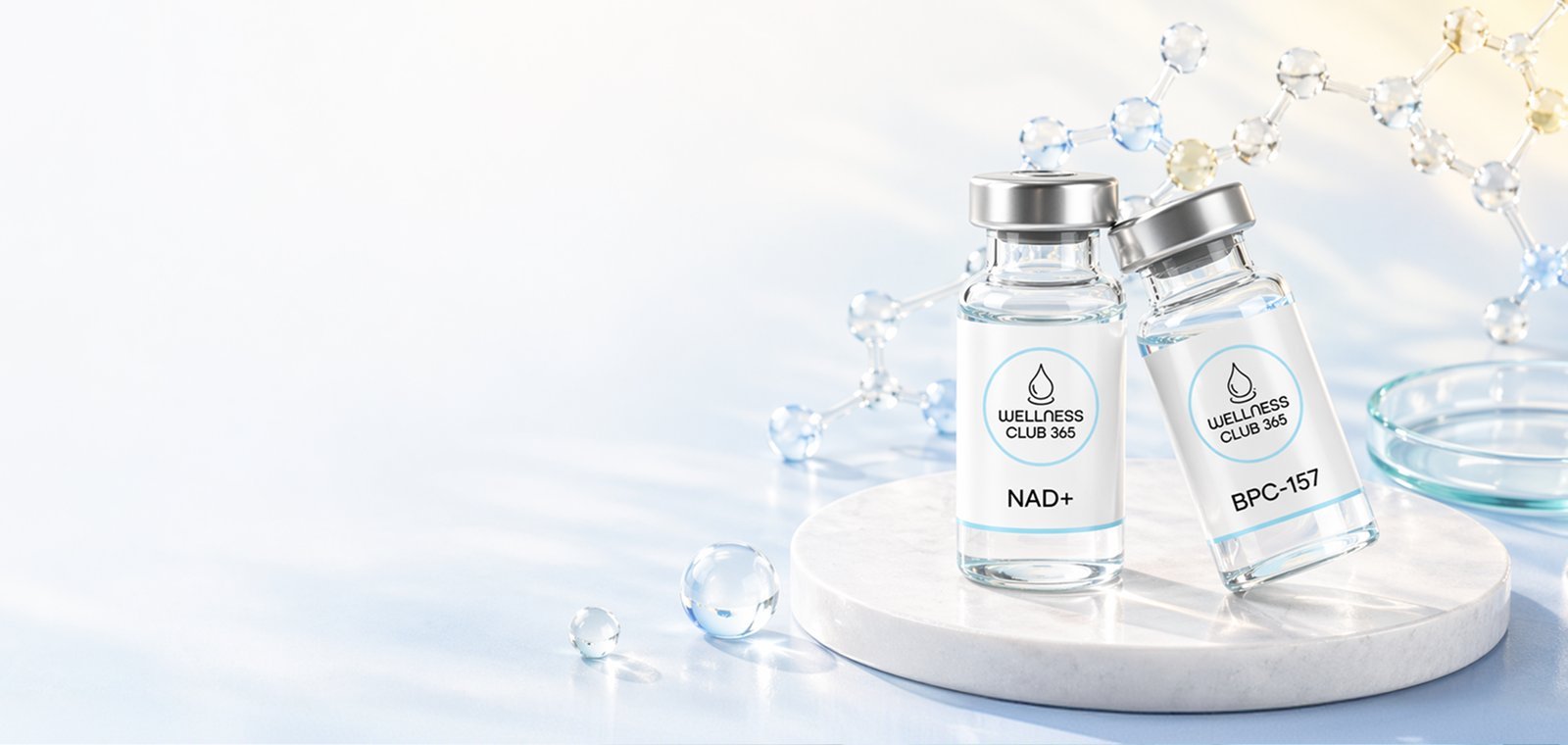Wellness Club 365 NAD+ and BPC-157 peptide vials on a marble stand