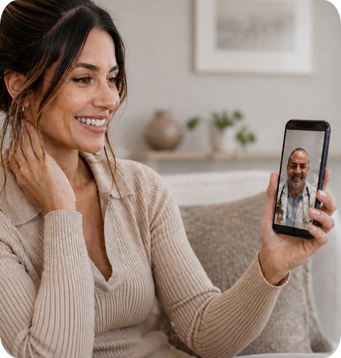 Smiling woman on a telehealth video call with a Wellness Club 365 provider