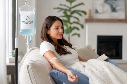 Woman relaxing on a sofa during a mobile IV drip