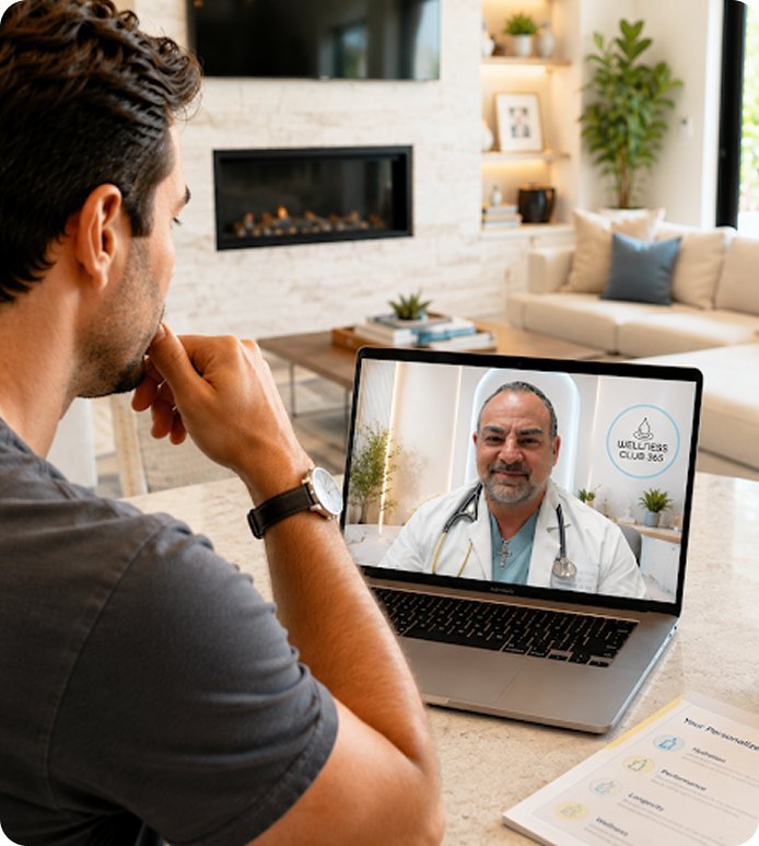 Man on a video consultation with a Wellness Club 365 provider on his laptop at home