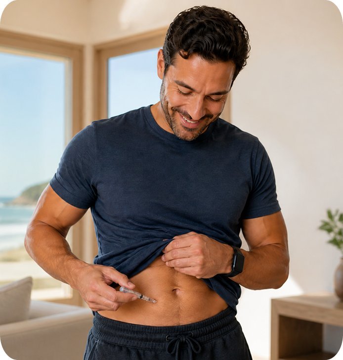Smiling man giving himself a testosterone injection at home